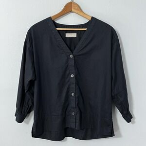 Everlane Top Women 0 Black Button Front V Neck 3/4 Sleeve Minimalist Boxy Blouse